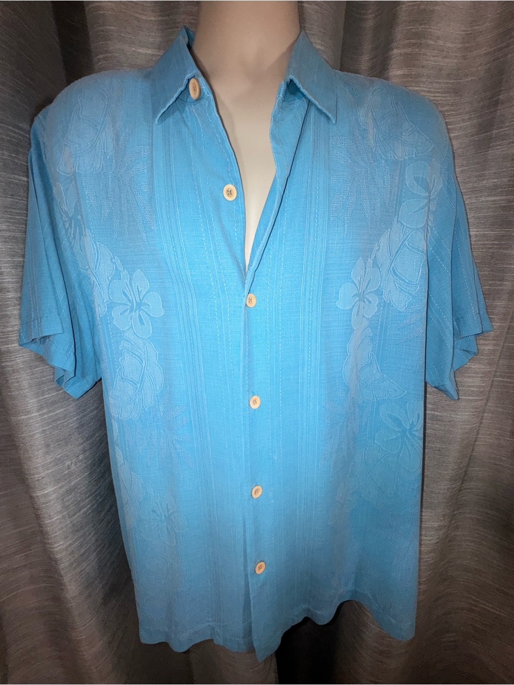 Tommy Bahama Bali Boarder Camp 100% Silk Shirt Hazy Teal Button-Up XL